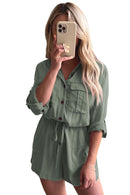 Jungle Green Roll up Sleeve Flap Pockets Drawstring Playsuit - SELFTRITSS