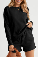 Black Textured Long Sleeve Top and Drawstring Shorts Set - SELFTRITSS