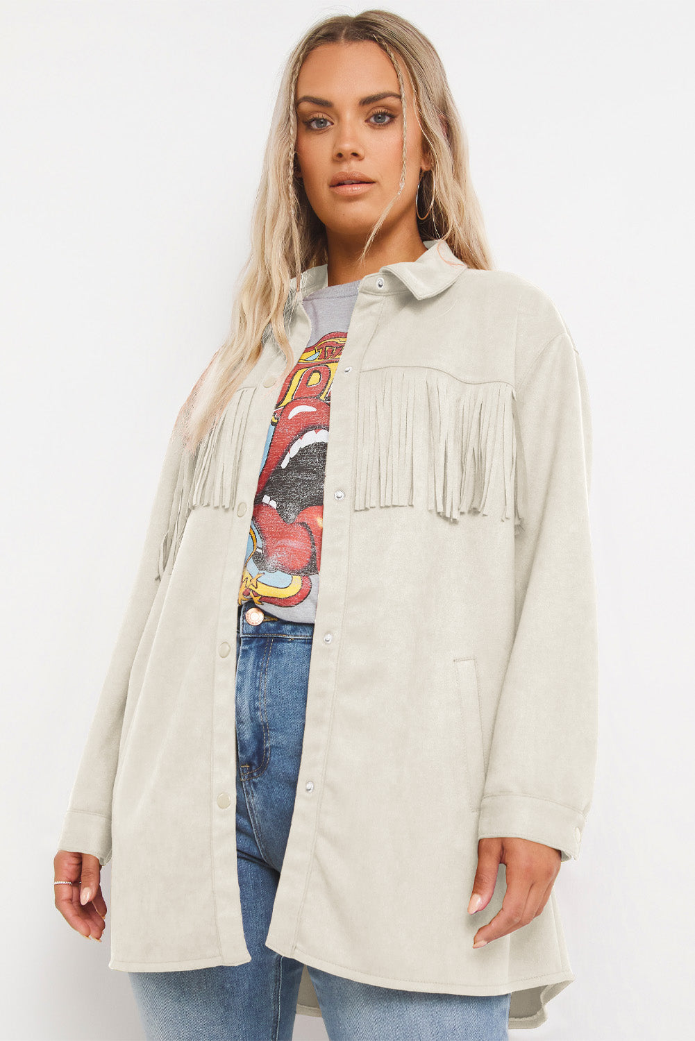 White Fringe Trim Plus Size Suede Shacket - SELFTRITSS