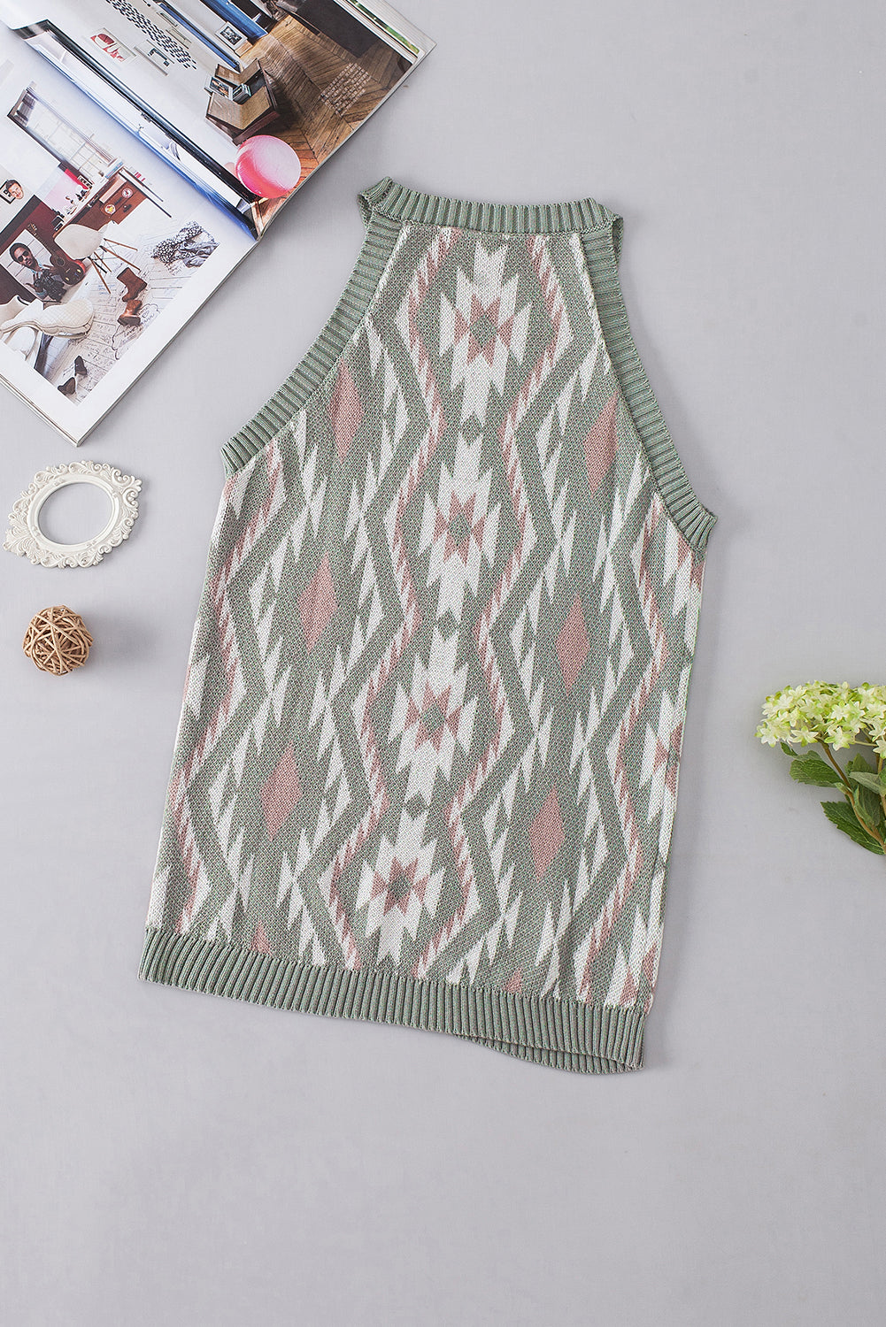 Laurel Green Western Tribal Aztec Pattern Knit Sweater Tank - SELFTRITSS   