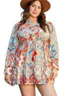 Brown Plus Size Vintage Floral Print Drawstring Waist Mini Dress - SELFTRITSS