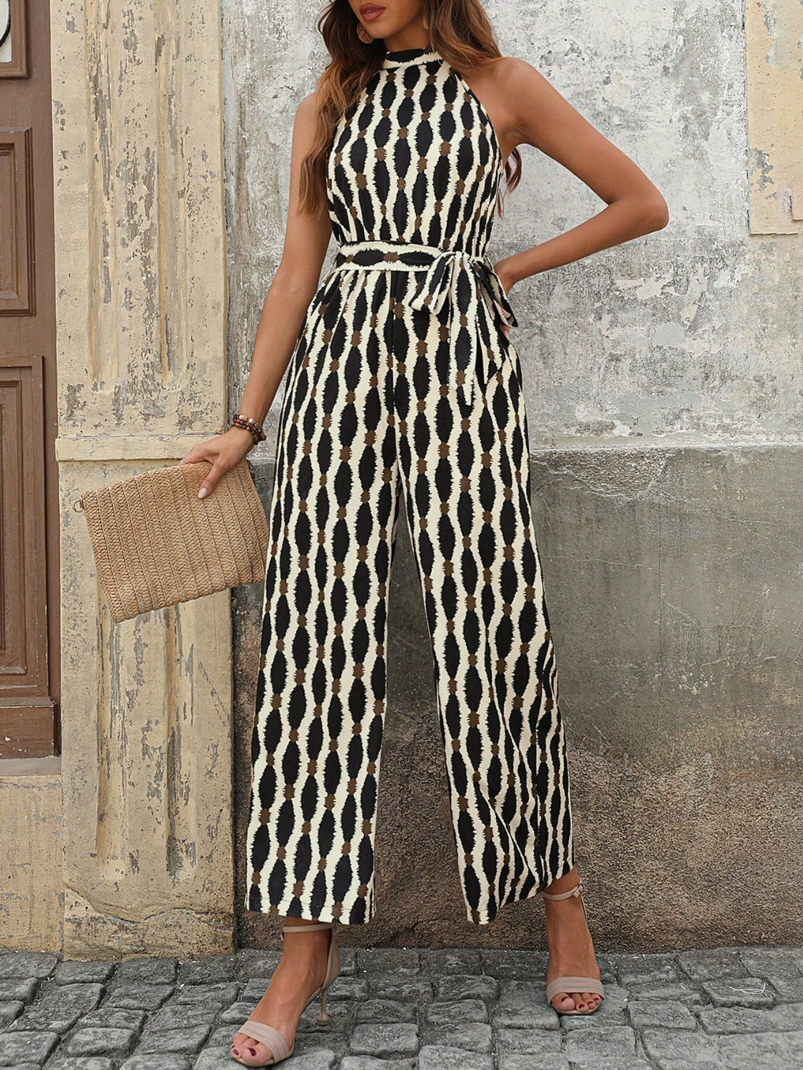 Tied Printed Grecian Neck Jumpsuit - SELFTRITSS
