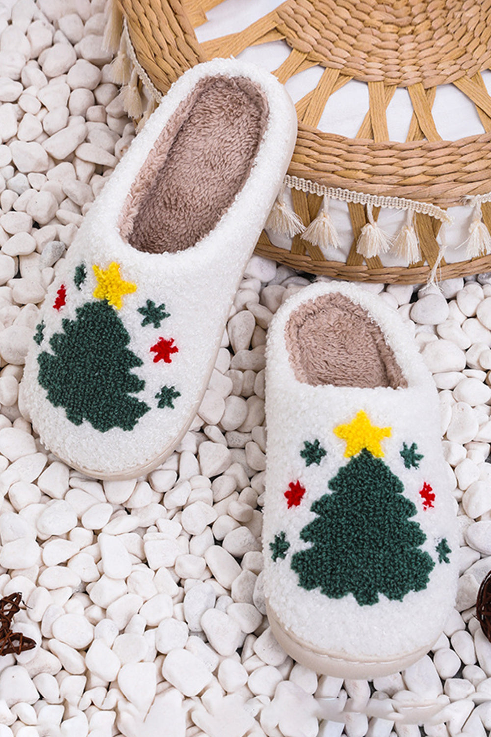 White Fuzzy Christmas Tree Pattern Home Slippers - SELFTRITSS