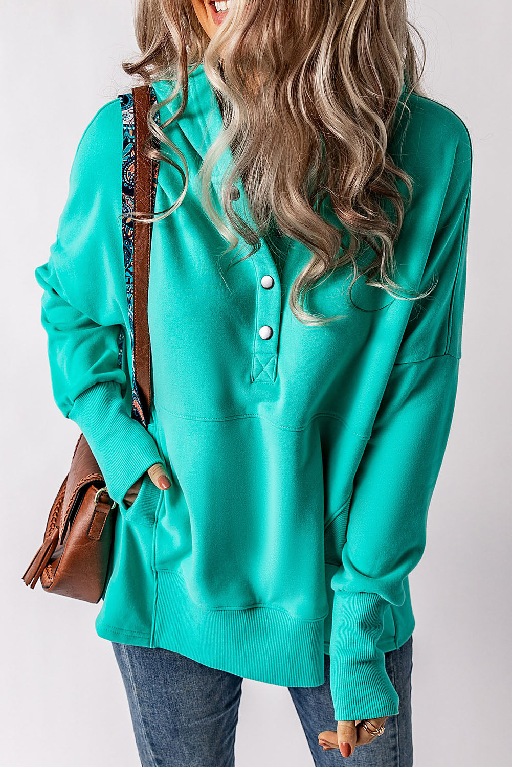 Turquoise Batwing Sleeve Pocketed Henley Hoodie - SELFTRITSS   