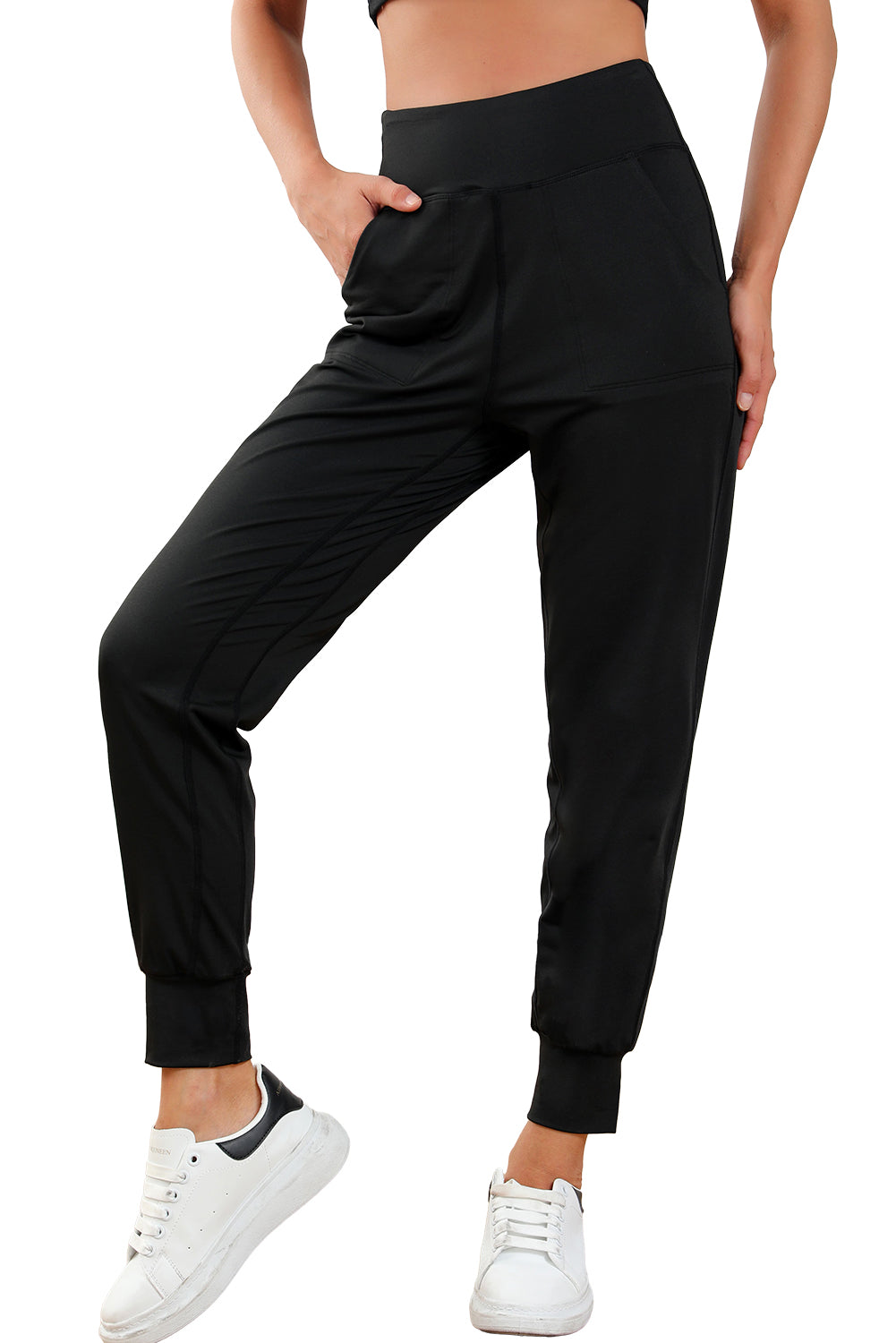 Black Exposed Seam High Waist Pocketed Joggers - SELFTRITSS