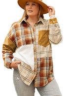 Golden Apricot Plus Size Plaid Patchwork Button up Shacket - SELFTRITSS   