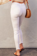 White Plain High Waist Buttons Frayed Cropped Denim Jeans - SELFTRITSS