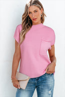 Pink Patch Pocket Ribbed Knit Short Sleeve Sweater - SELFTRITSS   