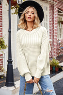 Camel Ribbed Drop Shoulder Lantern Sleeve Sweater