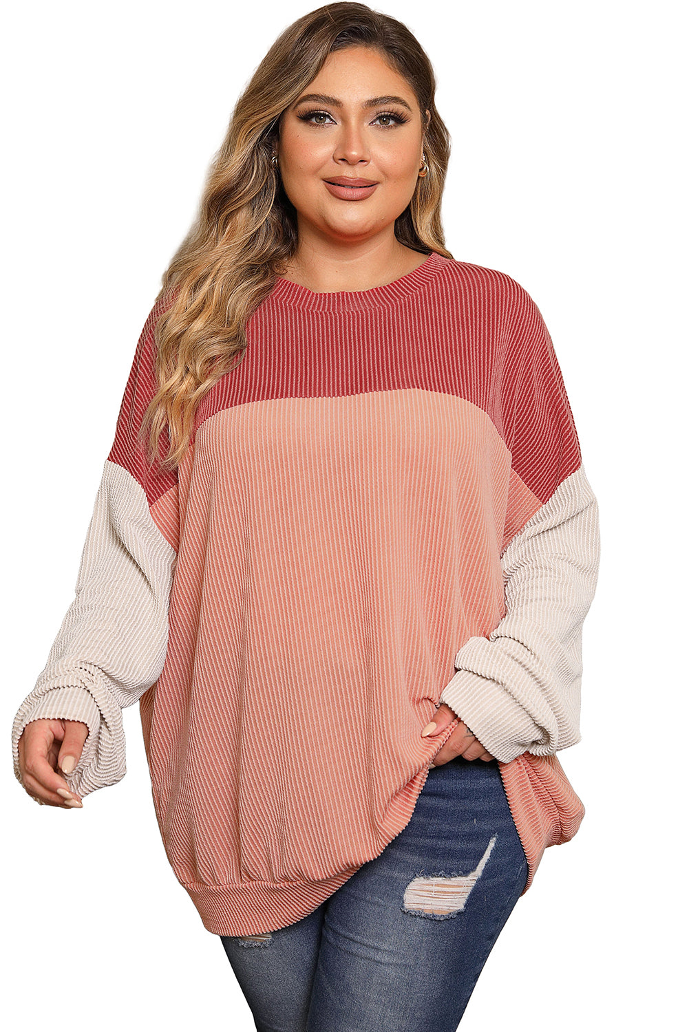 Mineral Red Plus Size Ribbed Colorblock Long Sleeve Top - SELFTRITSS