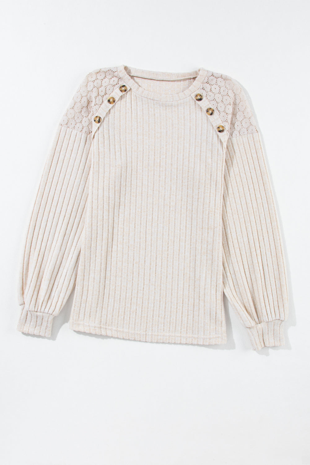 Parchment Contrast Lace Raglan Sleeve Buttoned Ribbed Top - SELFTRITSS