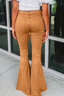 Brown Exposed Seam Flare Suede Pants with Pockets - SELFTRITSS   