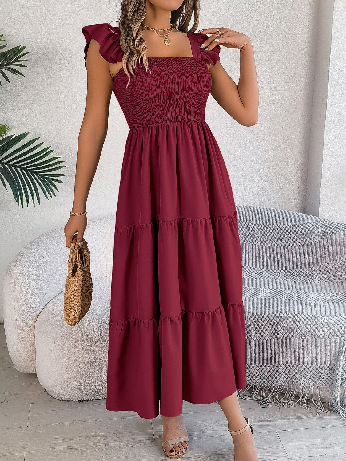 Smocked Square Neck Cap Sleeve Midi Dress - SELFTRITSS   