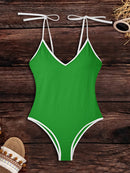 Tied V-Neck Spaghetti Strap One-Piece Swimwear - SELFTRITSS