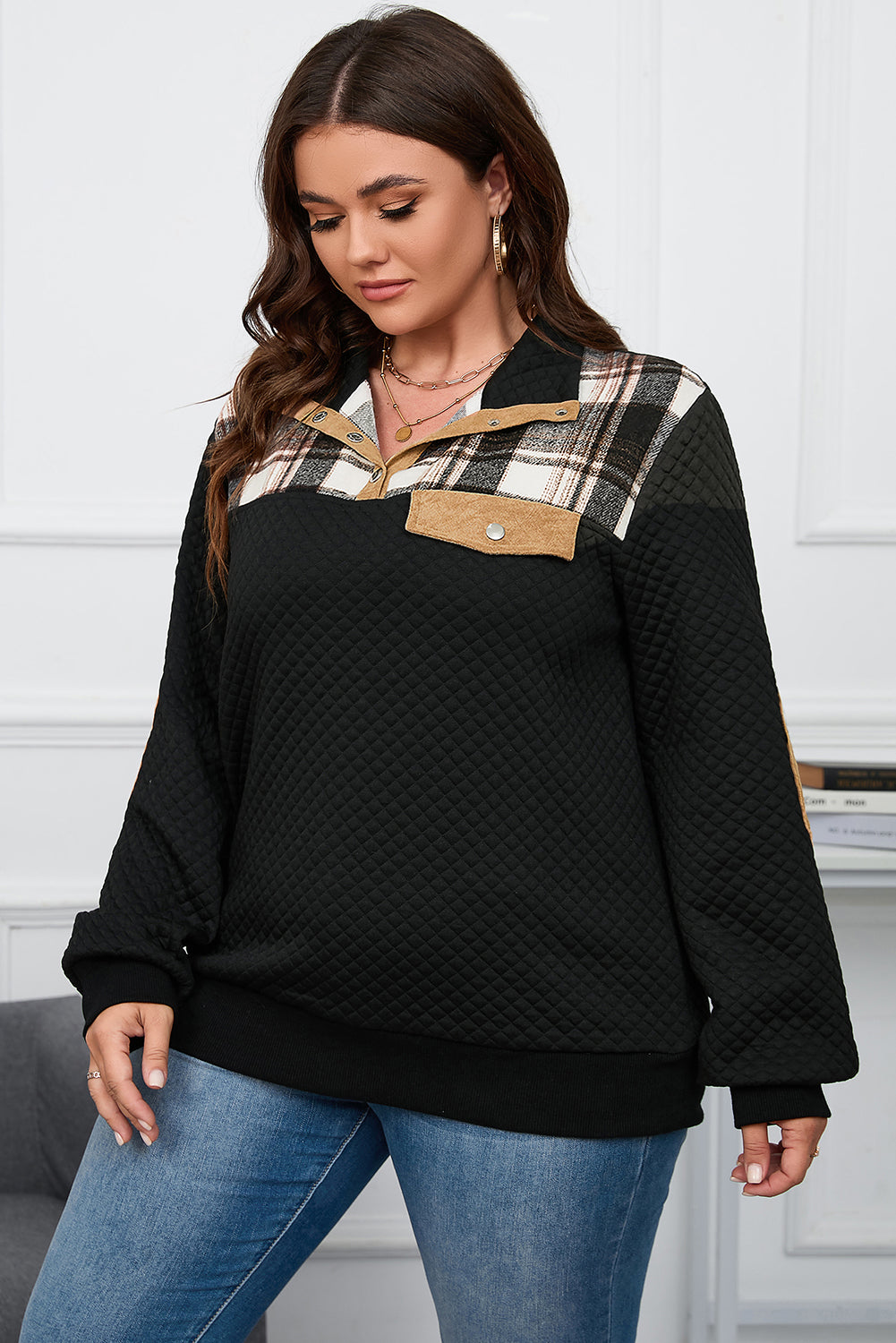 Black Plus Size Quilted Plaid Patch Henley Sweatshirt - SELFTRITSS