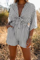 Gray 3/4 Wide Kimono Sleeves Tie Front Striped Romper with Pockets - SELFTRITSS   