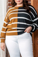 Plus Size Colorblock Striped Patchwork Loose Top - SELFTRITSS   