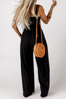 Black Smocked Sleeveless Wide Leg Jumpsuit with Pockets - SELFTRITSS