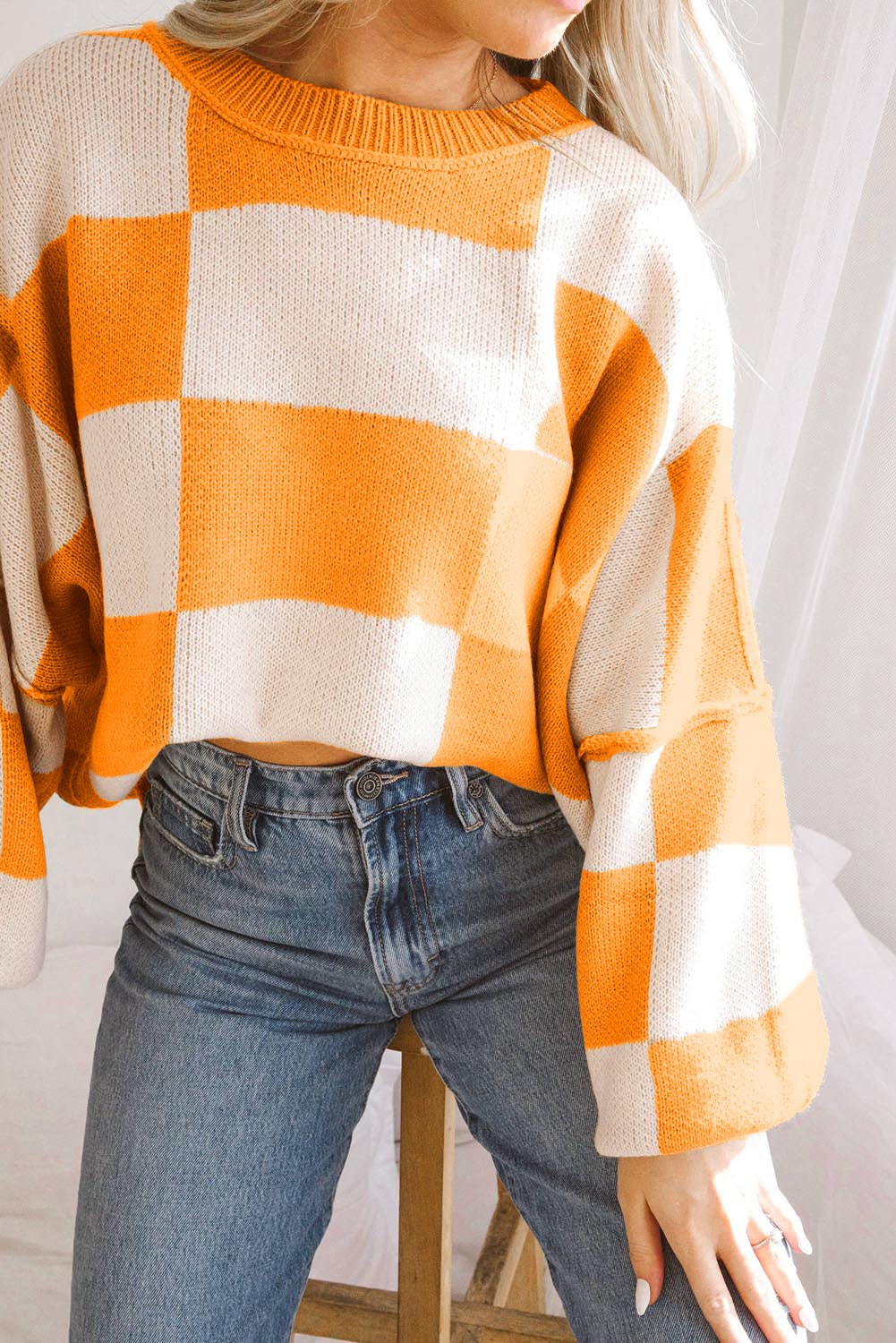 Orange Checkered Bishop Sleeve Sweater - SELFTRITSS   