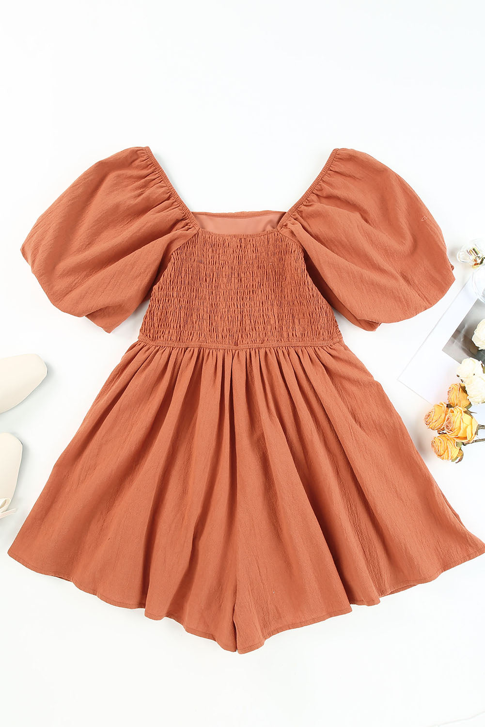 Brown Square Neck Ruched Puff Sleeve Romper - SELFTRITSS