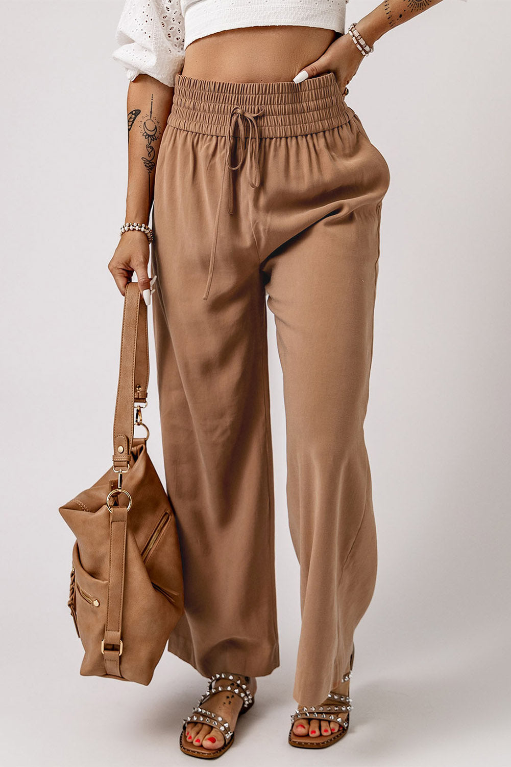 Brown Drawstring Elastic Waist Casual Wide Leg Pants - SELFTRITSS   