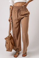 Brown Drawstring Elastic Waist Casual Wide Leg Pants - SELFTRITSS   