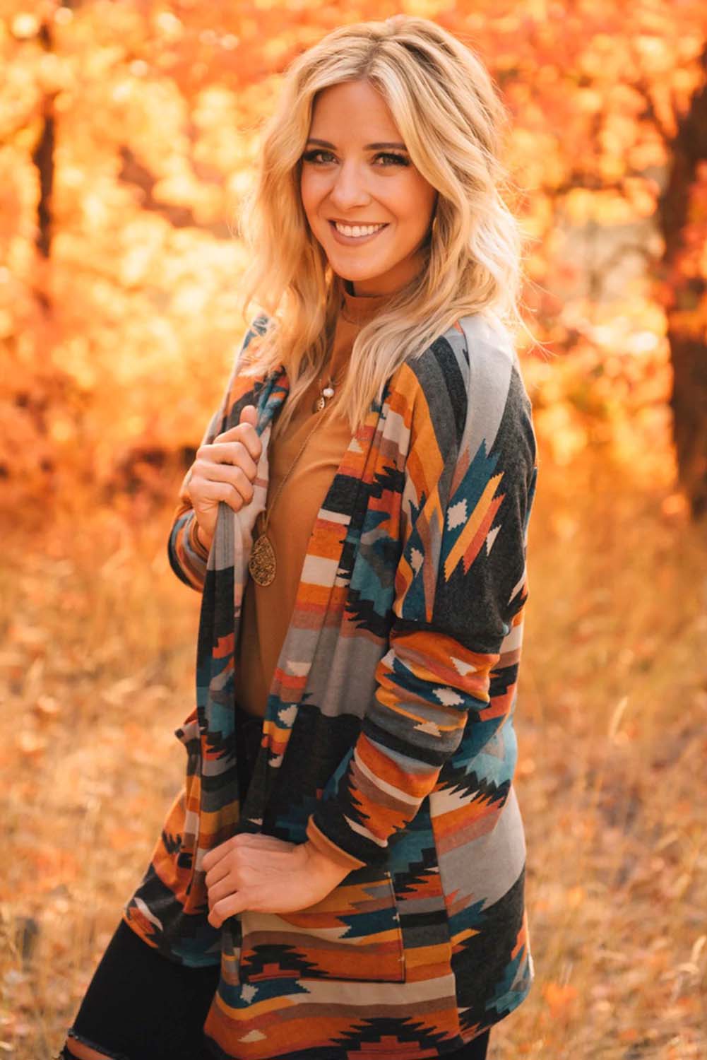 Orange Western Tribal Aztec Print Cardigan - SELFTRITSS   