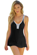 Black Strappy V Neck Side Split One-piece Swimdress - SELFTRITSS   