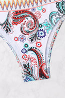White Boho Paisley Contrast Trimmed One-shoulder Bikini - SELFTRITSS