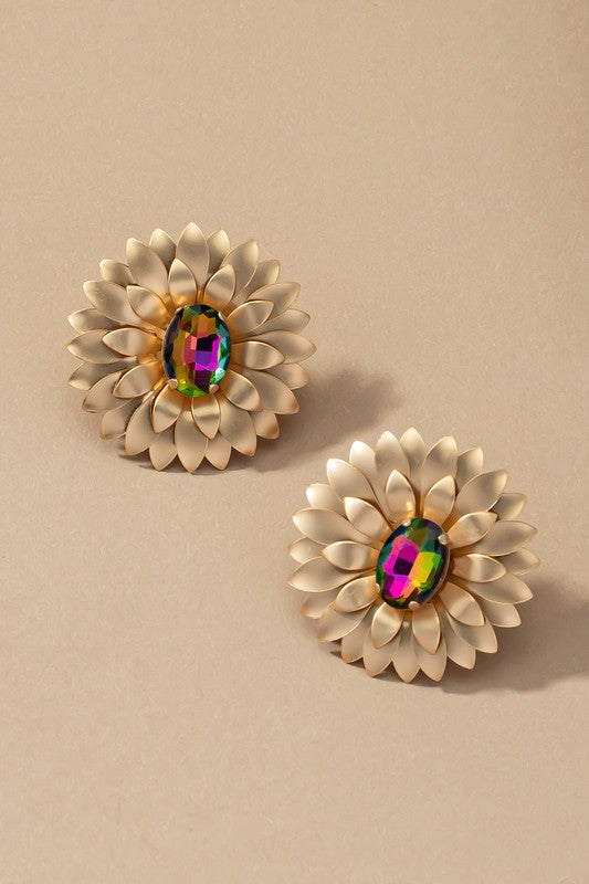 metal flower earrings with gem stone - SELFTRITSS   