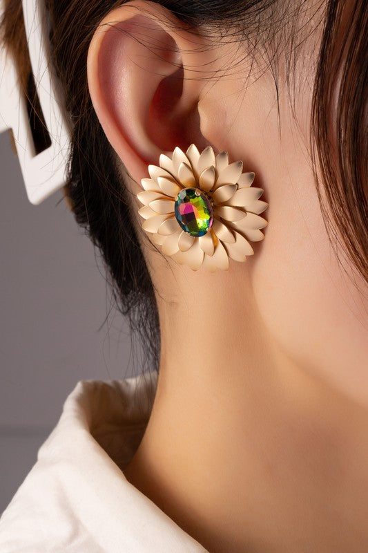 metal flower earrings with gem stone - SELFTRITSS   