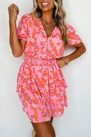 Pink Floral V Neck Short Ruffle Tiered Dress - SELFTRITSS