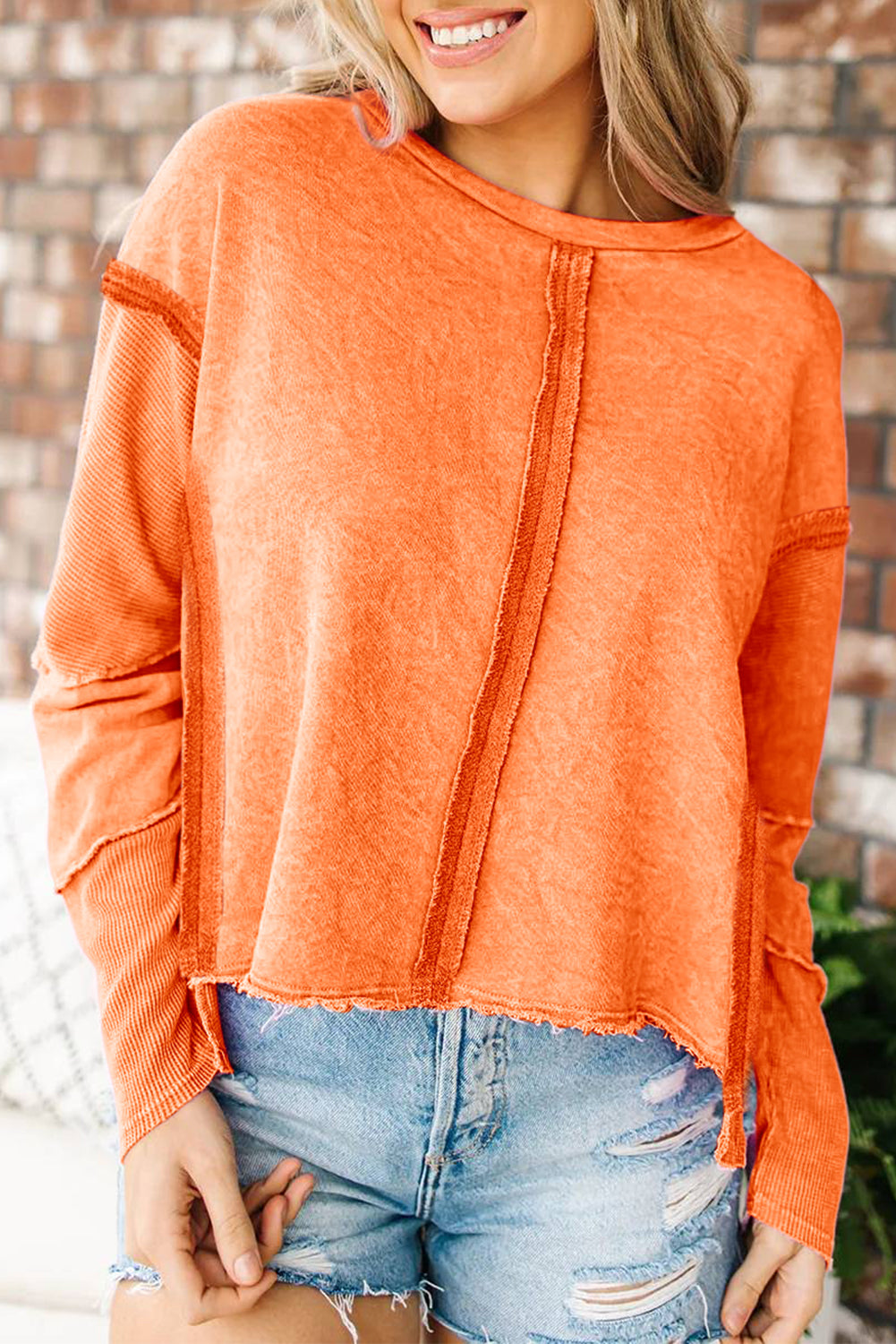Orange Exposed Seamed High Low Raw Edge Sweatshirt - SELFTRITSS