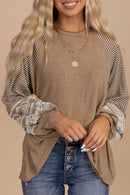 Light French Beige Floral Striped Patchwork Loose Long Sleeve Top - SELFTRITSS   