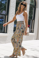 Multicolor Floral Print Shirred High Waist Wide Leg Casual Pants - SELFTRITSS