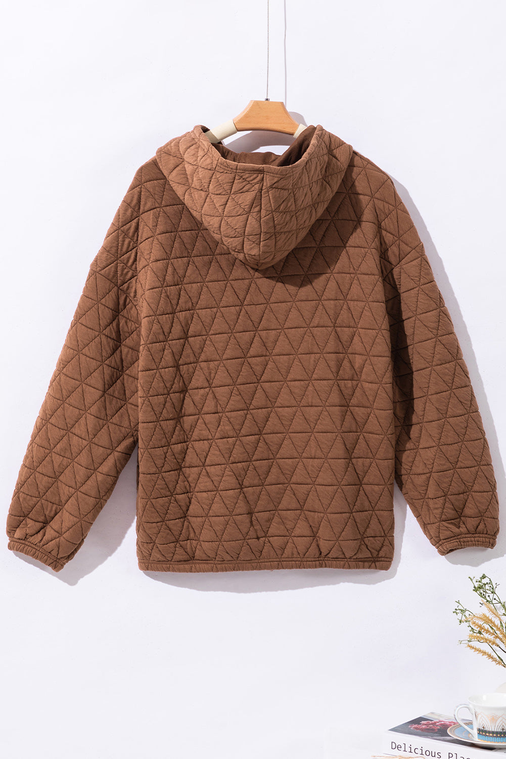 Coffee Solid Color Quilted Kangaroo Pocket Hoodie - SELFTRITSS   