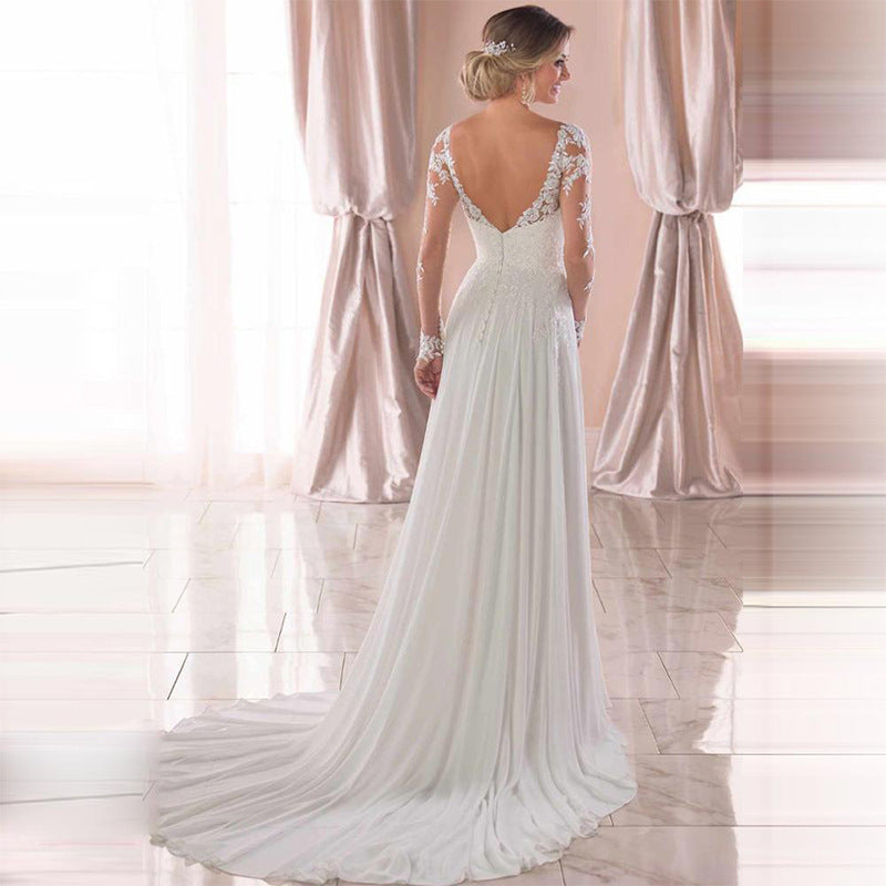 Backless Deep V-neck Wedding Dress Women White Evening Dress - SELFTRITSS