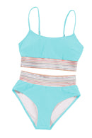 Sky Blue Striped Patchwork Spaghetti Strap High Waist Bikini Swimsuit - SELFTRITSS