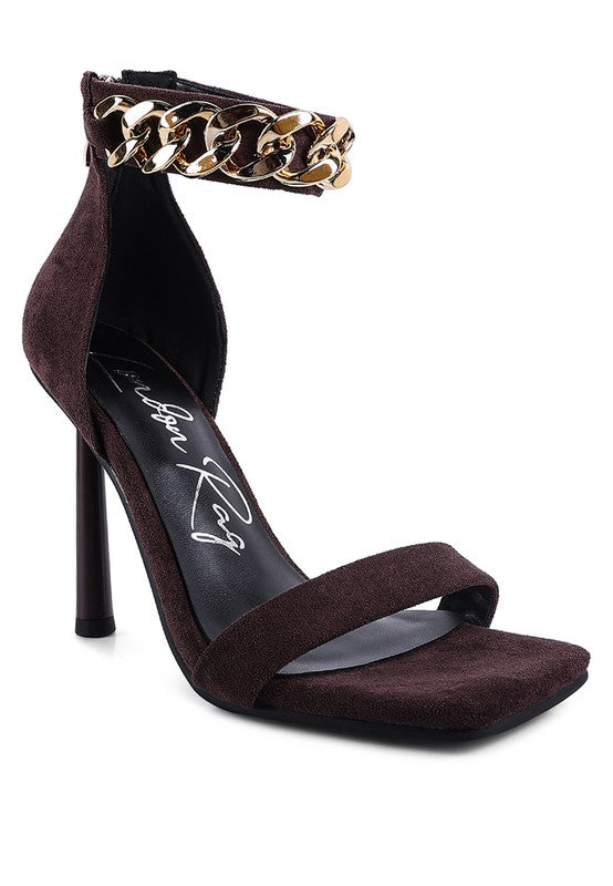LAST SIP HEELED FAUX SUEDE CHAIN STRAP SANDAL - SELFTRITSS