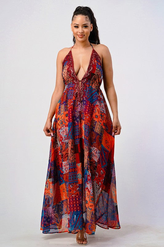 Bohemian print sequin lace trim maxi dress - SELFTRITSS