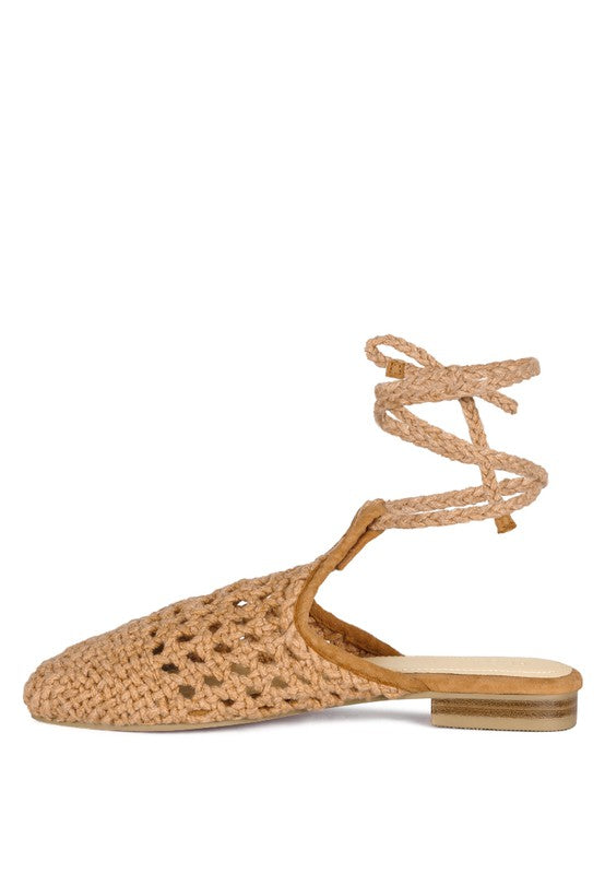 BARTSI HANDWOVEN COTTON TIE UP MULE FLATS - SELFTRITSS   