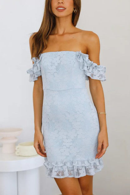 Ruffle Lace off The Shoulder mini Bodycon Dress - SELFTRITSS