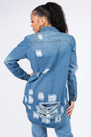 American Bazi Distressed Button Down Denim Shirt Jacket - SELFTRITSS