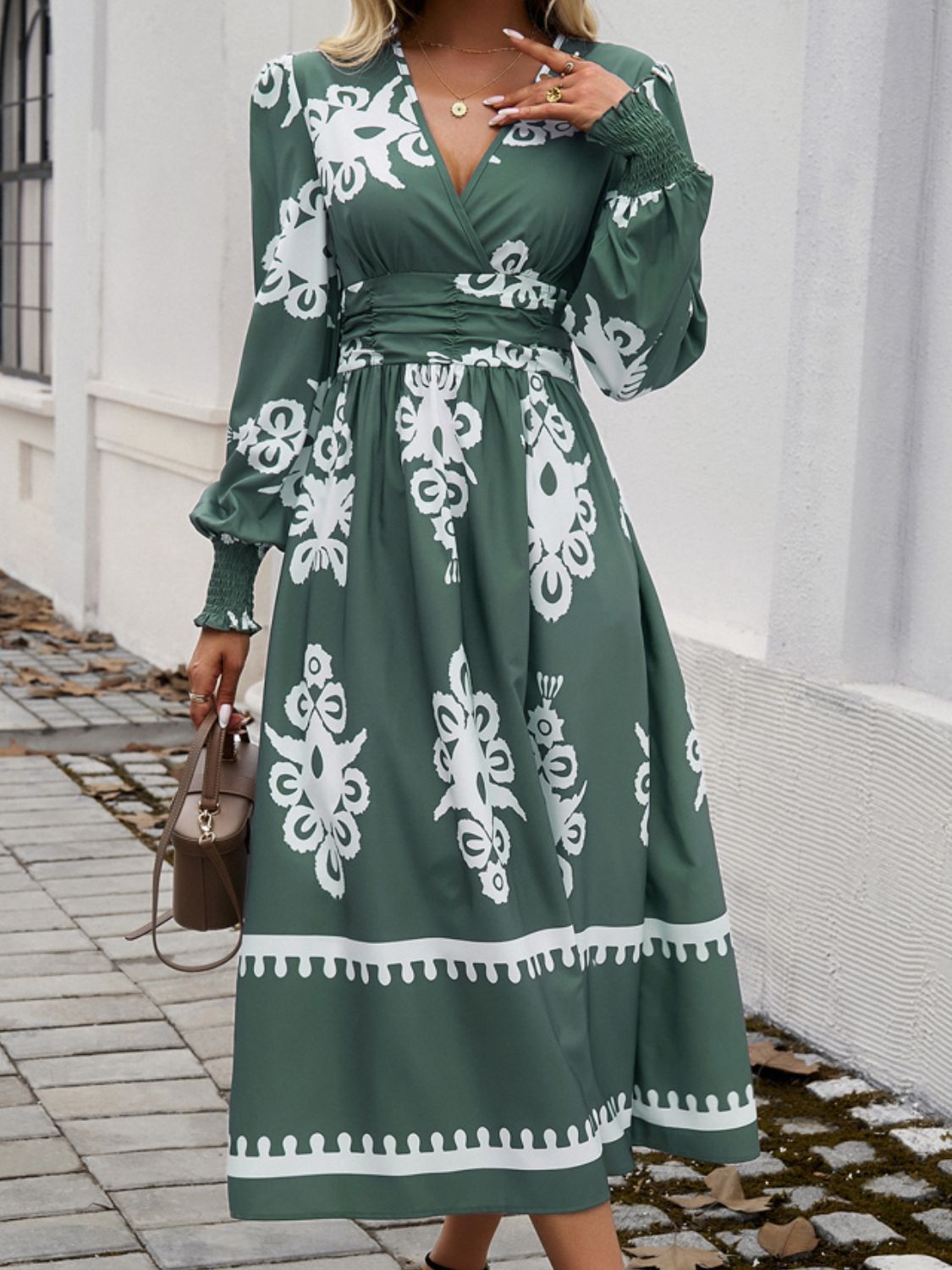 Devine Printed Surplice Lantern Sleeve Midi Dress - SELFTRITSS   