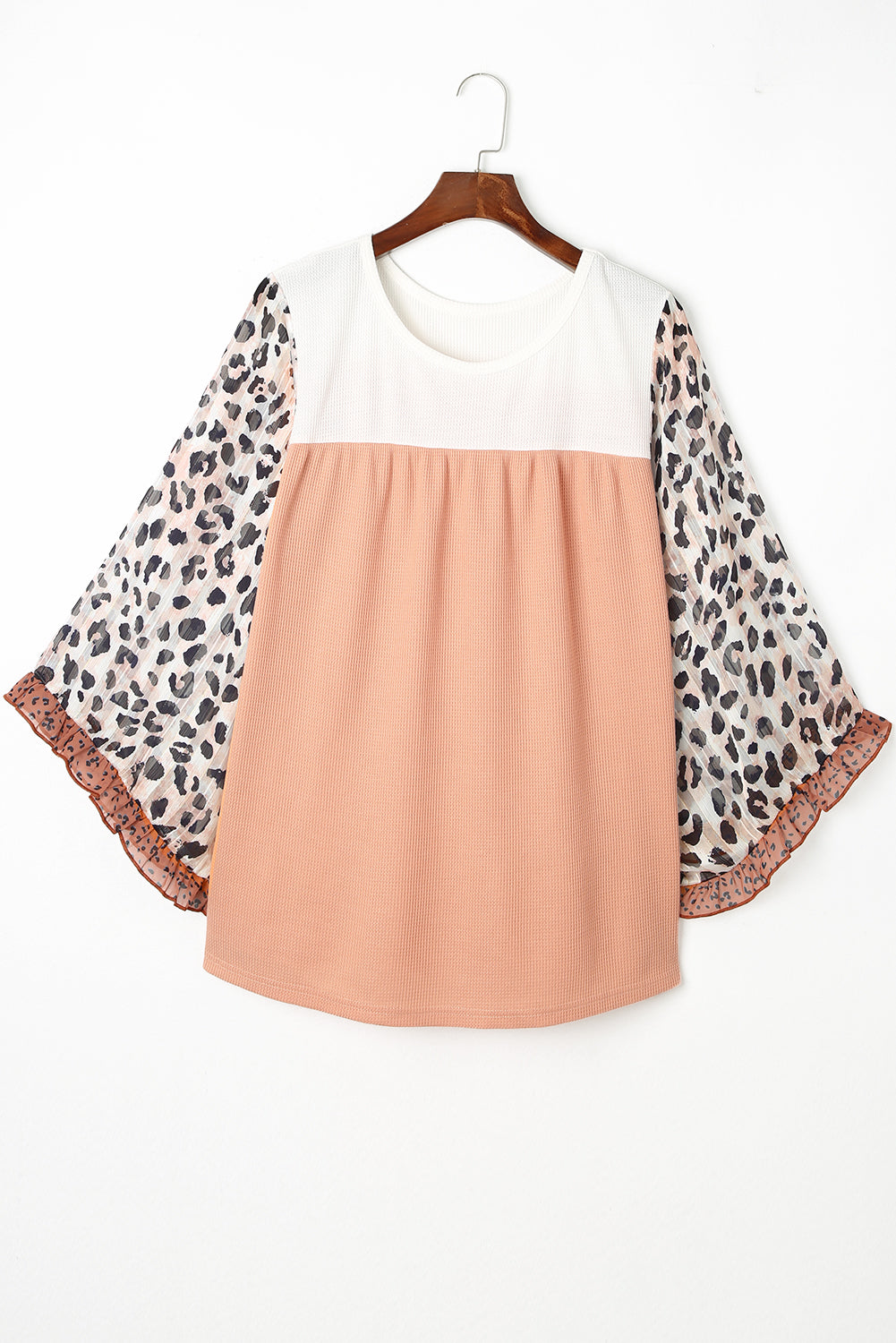 Khaki Printed Plus Ruffle Leopard Sleeve Waffled Color Block Top - SELFTRITSS   