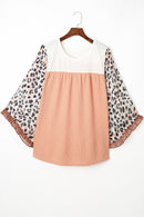 Khaki Printed Plus Ruffle Leopard Sleeve Waffled Color Block Top - SELFTRITSS   