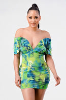 Neon garden off shoulder fitted mini dress - SELFTRITSS   