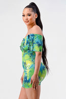 Neon garden off shoulder fitted mini dress - SELFTRITSS