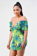 Neon garden off shoulder fitted mini dress - SELFTRITSS