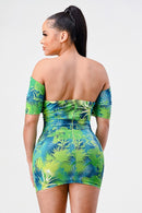 Neon garden off shoulder fitted mini dress - SELFTRITSS   